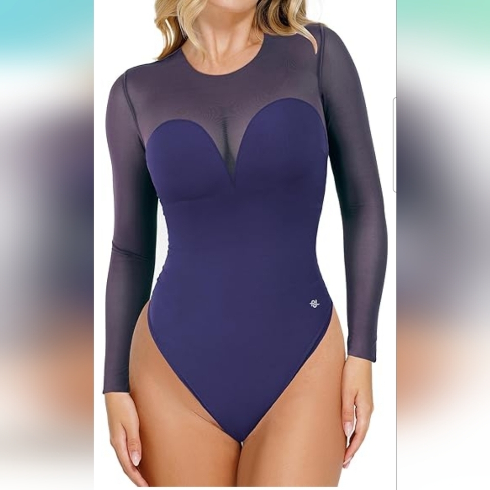 Popilush Women's Blue Long Sleeve Mesh Shapewear Tummy Control Bodysuit Size 2XL